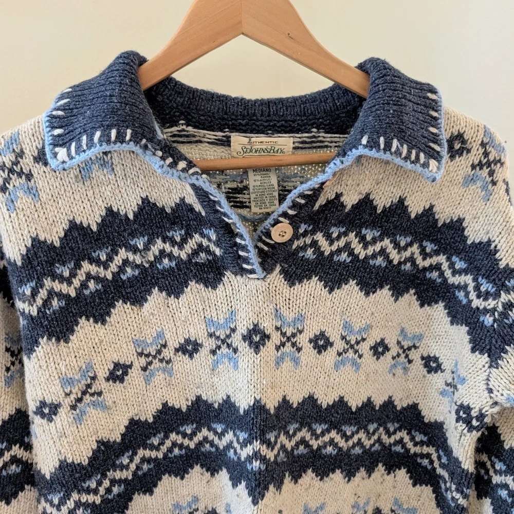 Vintage Fair Isle Abstract Chunky Collared Wool Blend Henley Sweater In Blue - Picture 3 of 6